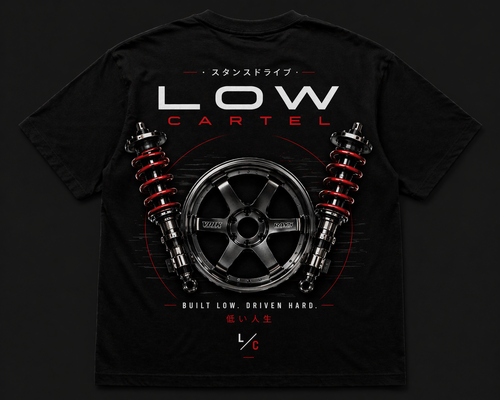Low Cartel Built Low Driven Hard shirt celebrating lowered car and JDM culture