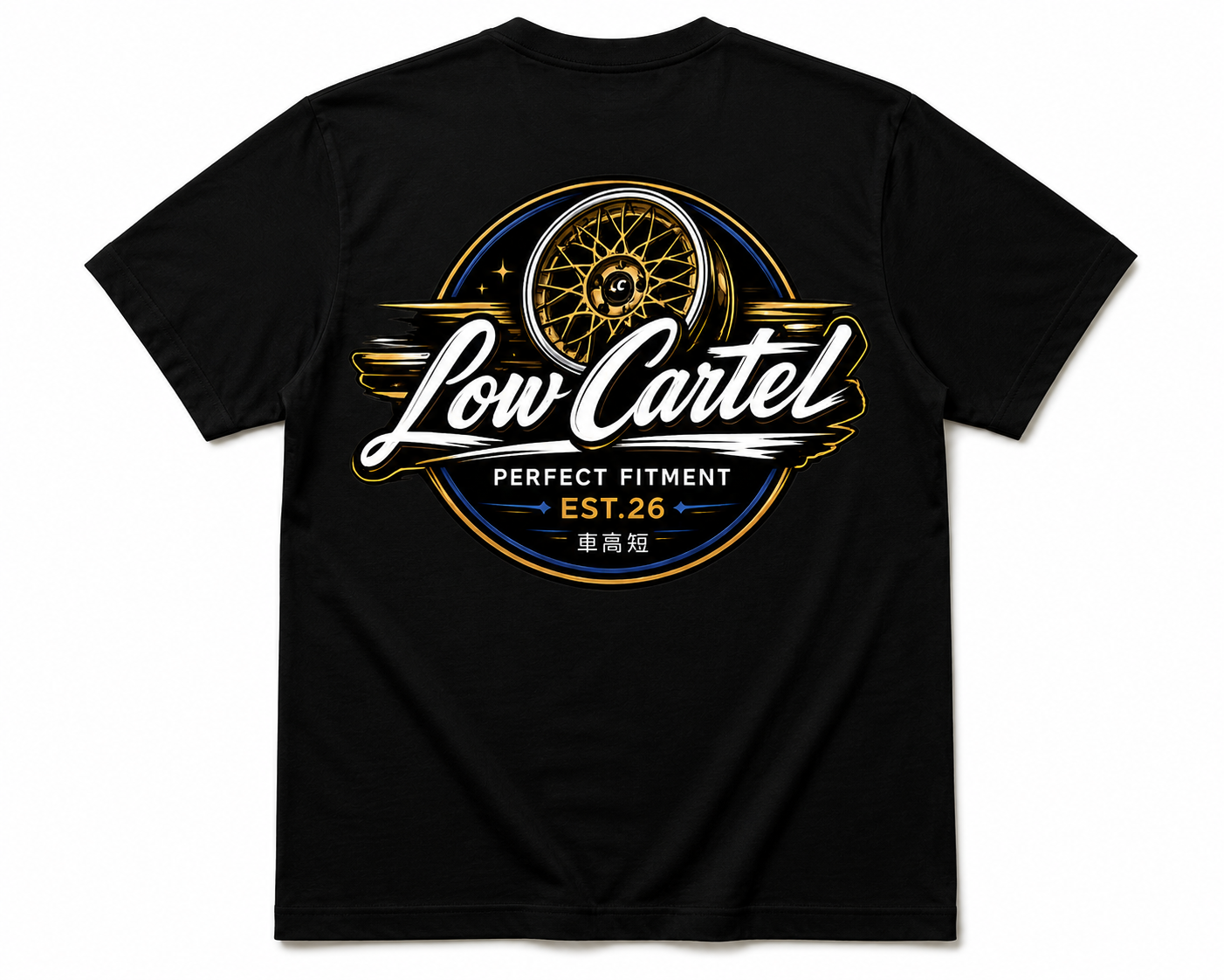 Automotive streetwear tee with wheel design celebrating stance and fitment culture