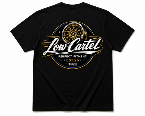 Automotive streetwear tee with wheel design celebrating stance and fitment culture