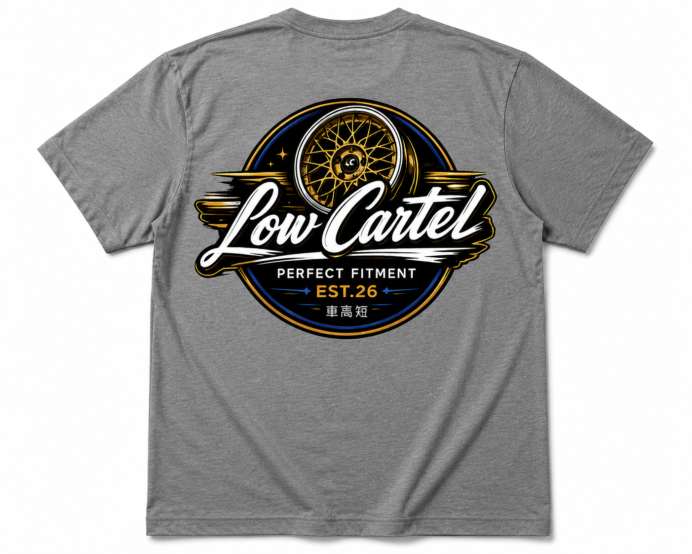 Automotive streetwear tee with wheel design celebrating stance and fitment culture