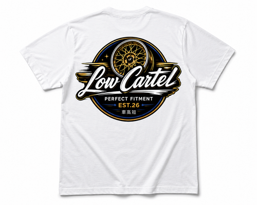 Automotive streetwear tee with wheel design celebrating stance and fitment culture