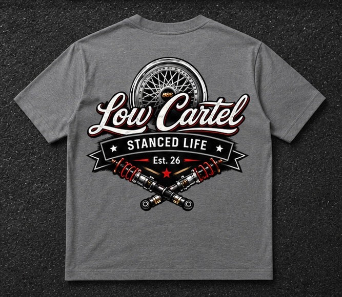 Low Cartel Stanced Life shirt with wheel and coilover artwork for car enthusiasts