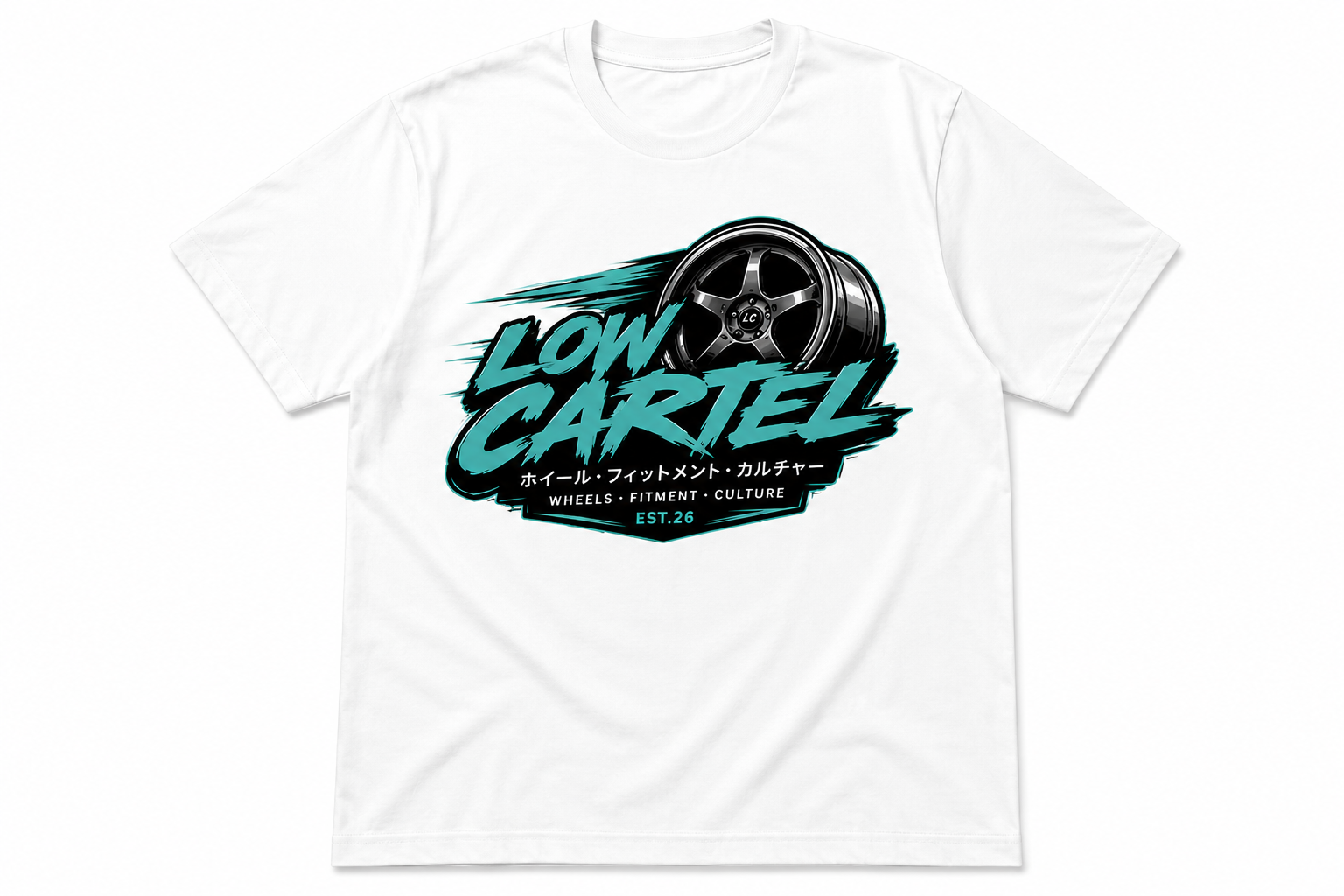 JDM inspired graphic t-shirt featuring aftermarket wheel and tuner culture artwork